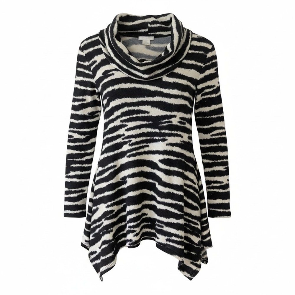 Vintage Y2K Jon Den Zebra Print Cowl Neck Asymmetric Knit Black White Top Small